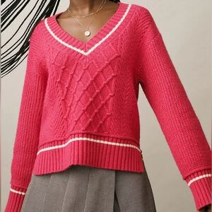 Anthropologie Maeve Tilly V-Neck Tennis Prep Cotton Blend Pink Pullover Sweater
